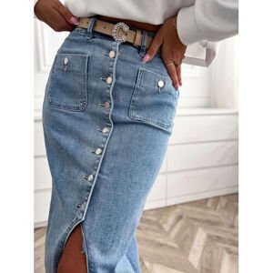 Midi denim sukňa na gombíky s opaskom NALDA veľkosť: 40/L